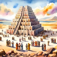 Vast desert landscape with the Tower of Babel in its early construction stages. A group of workers collaboratively build the tower, while a few individuals of various descents look upwards.