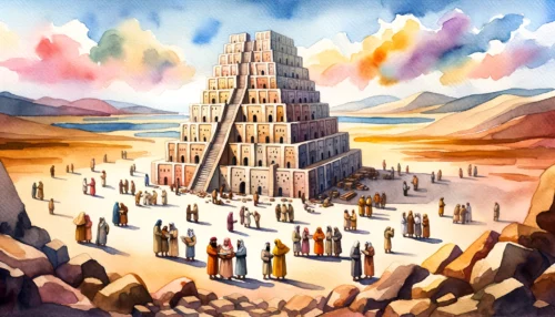 Vast desert landscape with the Tower of Babel in its early construction stages. A group of workers collaboratively build the tower, while a few individuals of various descents look upwards.