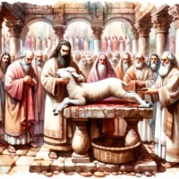 Ancient altar with a prepared lamb for sacrifice. Surrounding figures are ancient Hebrews watching solemnly, creating an atmosphere of reverence and historical significance.