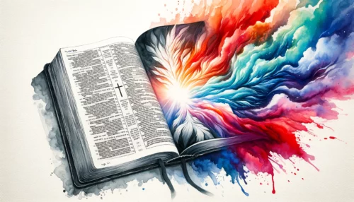 Open Bible: Left page in black and white, the Old Testament, symbolizing historic austerity. Right page in vibrant colors, the New Testament, reflects the new covenant and the introduction of Jesus Christ.