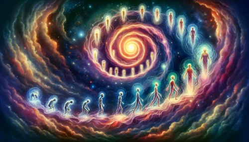 Spiraling life stages in reincarnation cycle.