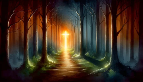 A pathway through a dimly lit forest leading to a glowing cross, symbolizing the journey from doubt to faith.