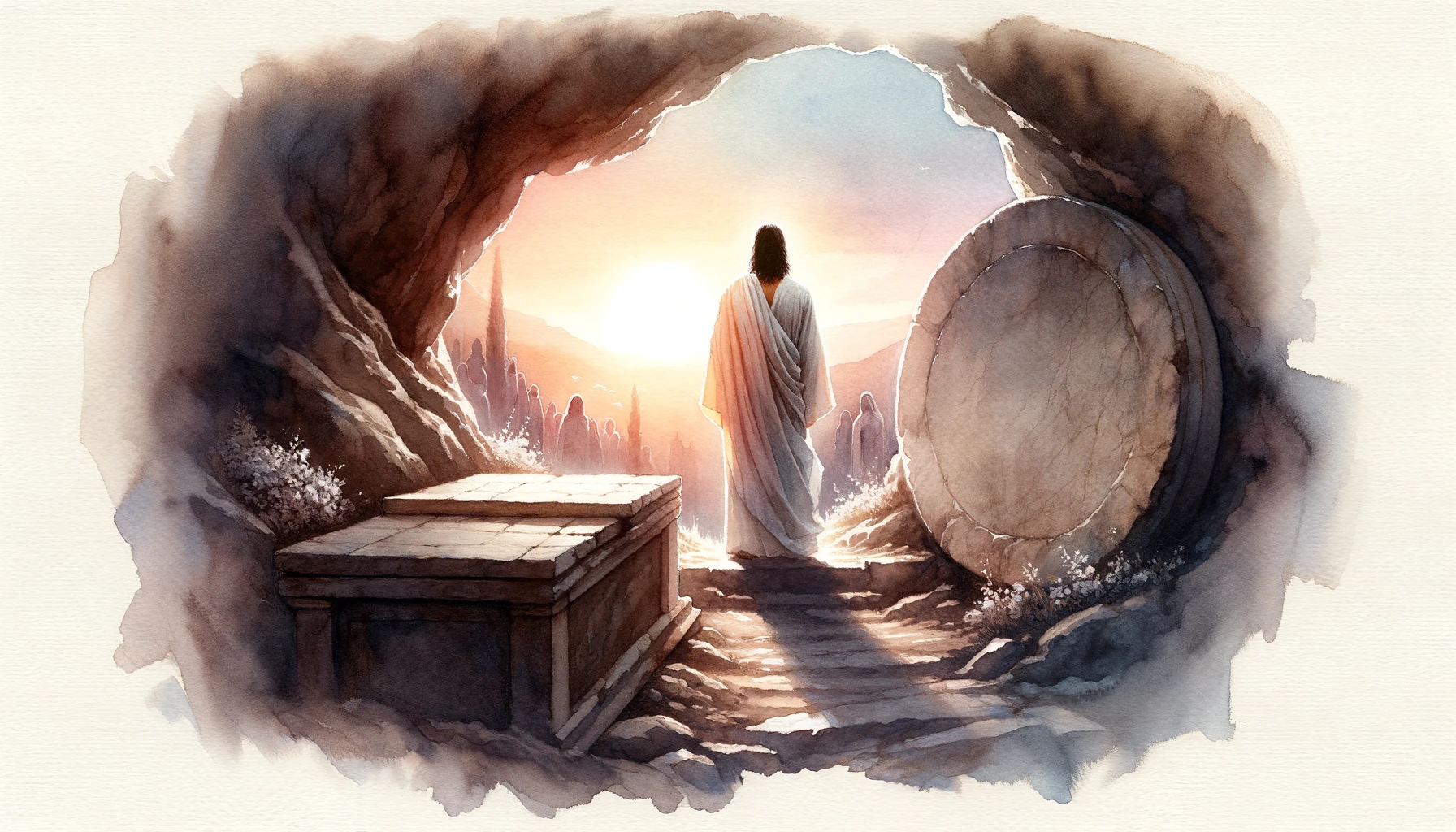 Resurrection moment: Jesus stands at the open tomb.