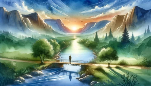 A serene landscape with a river, bridge, and sunrise, symbolizing the connection between faith and mental health.